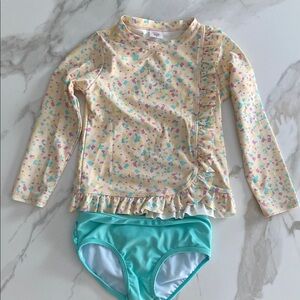 Rufflebutts LS rash guard 2 piece swimsuit.  With signature rear ruffles. Size 5